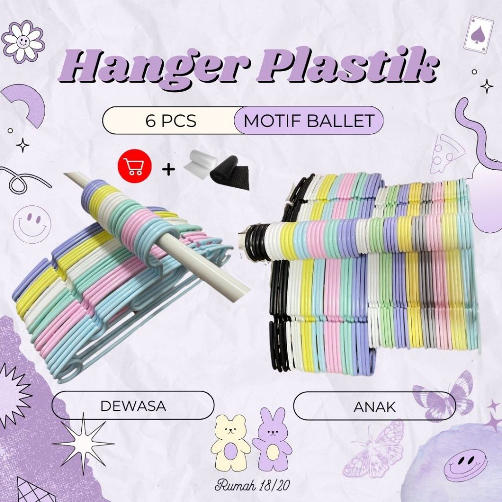 Hanger Plastik 6 Pcs / Ballet Hanger Estetik / Gantungan Baju Warna Ungu / Jemuran Pakaian Murah Rum