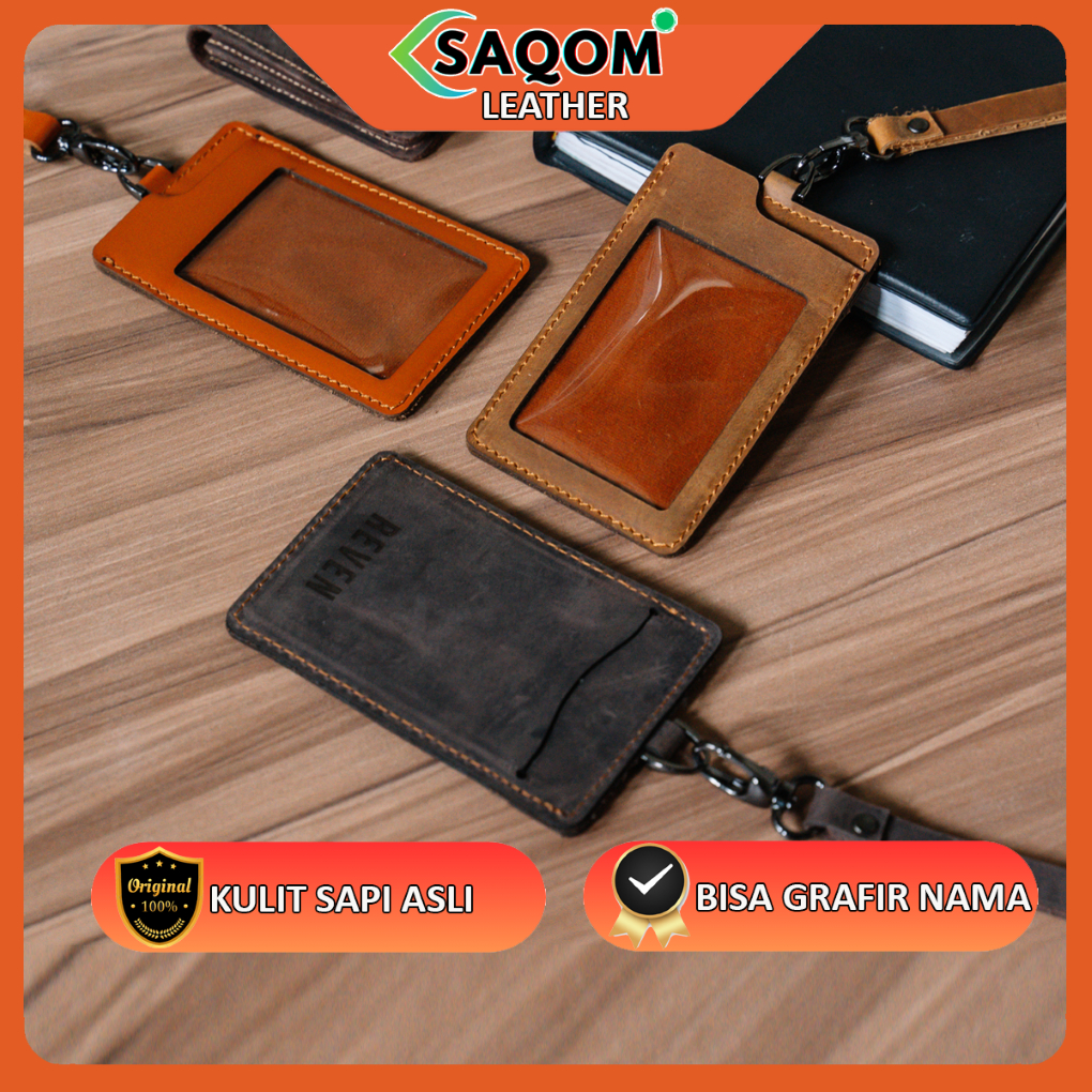 

Card Holder Lanyard Podzz Tempat Kartu Nametag Kalung Custom Grafir Nama Kulit Sapi Asli 100% Original Lokal Premium