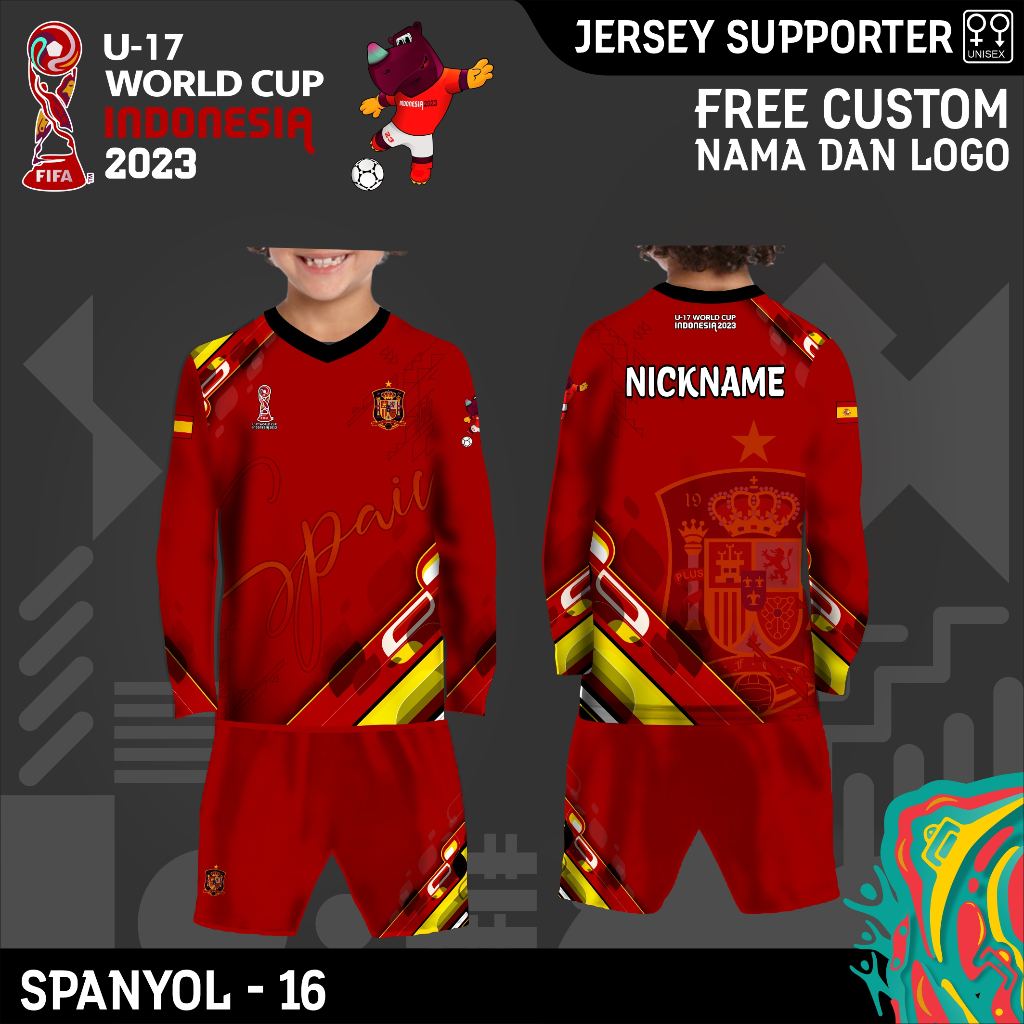 setelan jersey anak bola timnas spanyol baju kaos piala dunia u17 2023 lengan panjangini sangat coco