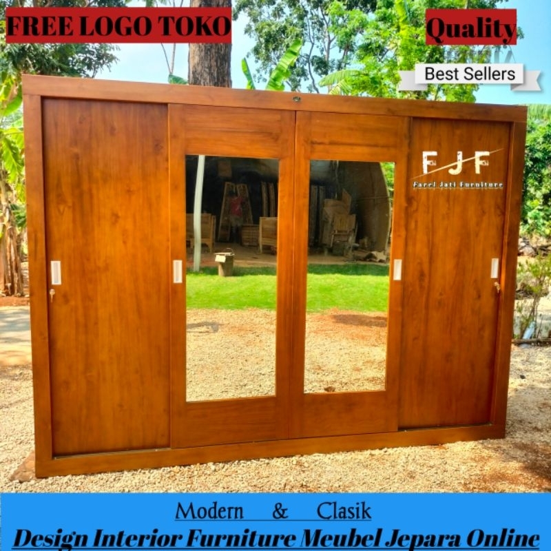 Lemari Pakaian Minimalis 4 Pintu Sliding Geser Kayu Jati Grade A Lemari Baju Modern