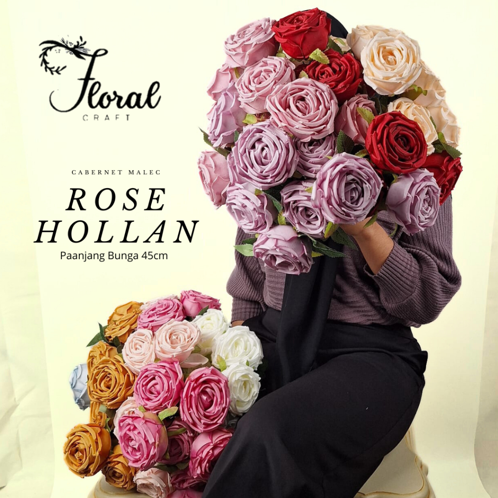 Bunga Mawar Holland Rose Cabang 9 Artificial - Aksesoris Buket Mawar Rimbun Tambahan Dekorasi Rumah