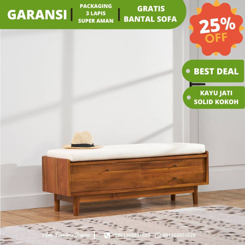BANGKU SOFA KAYU JATI, BANGKU LACI 3, BANGKU SOFA MINIMALIS JATI SOLID