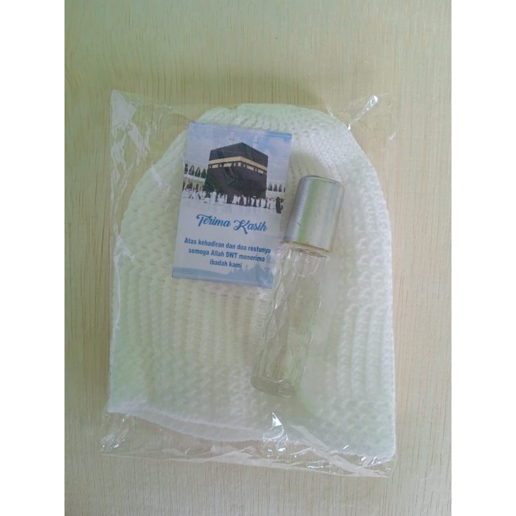 souvenir haji/umroh peci dan ucapan terima kasih + parfum