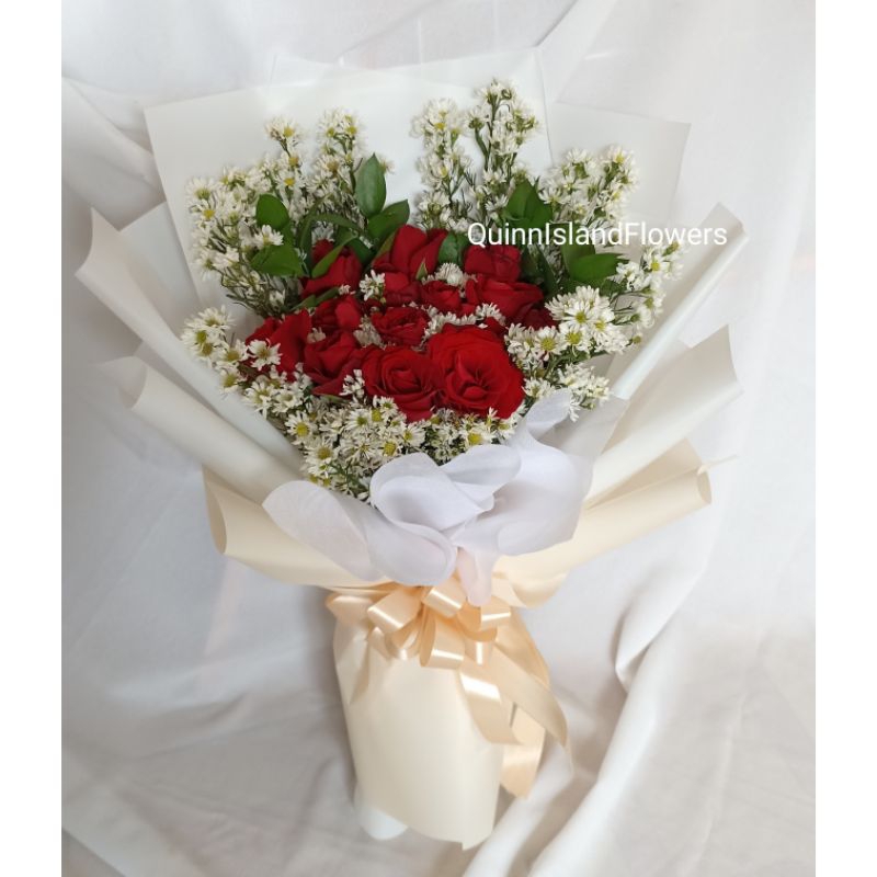 Buket Bunga Asli Fresh - Mawar Aster Pikok Daun Ruskus - Size M - Florist Bandung - Buket Bunga Band