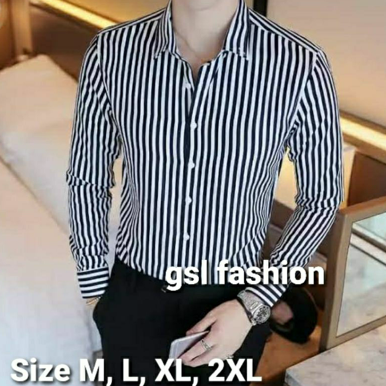 PAKET LENGKAP>>> GSL Kemeja Pria Lengan Panjang Motif Polos Salur Hitam Putih Katun Flanel Import Ju