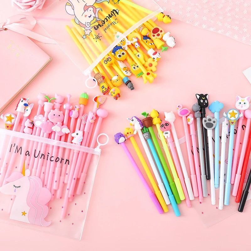 

Pulpen Gel Karakter Lucu Set Isi 20PCS Pena FREE Zipper Pouch Tempat Pensil Transparan Murah