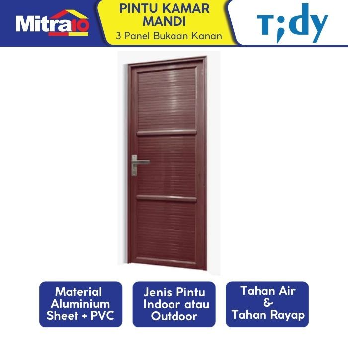 Tidy Pintu Kamar Mandi 3 Panel Aluminium Pvc + Handle Bukaan Kanan 70X200 Cm Coklat (Set)