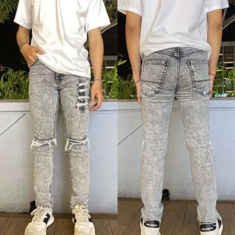 Celana Jeans Pria Jeans Sobek Abu-abu | Celana Denim Kasual Jeans Fashionable Abu Sanwash sobek