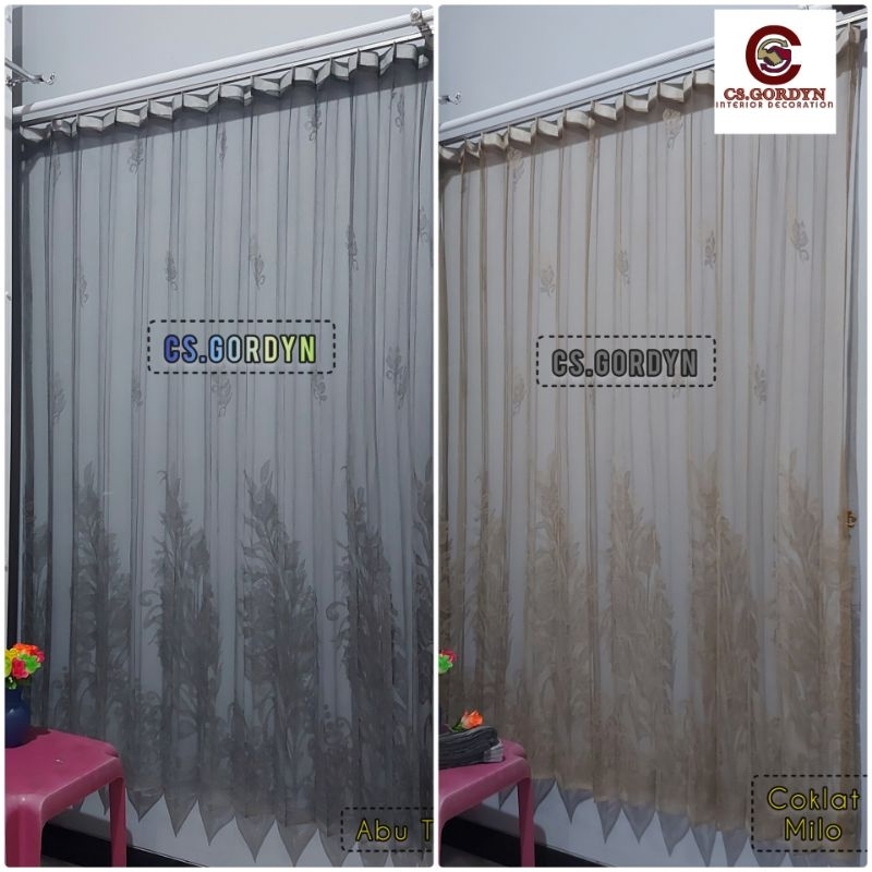 Gorden Vitrase polos bunga tulip Ungu Abu dan coklat puring tirai gorden