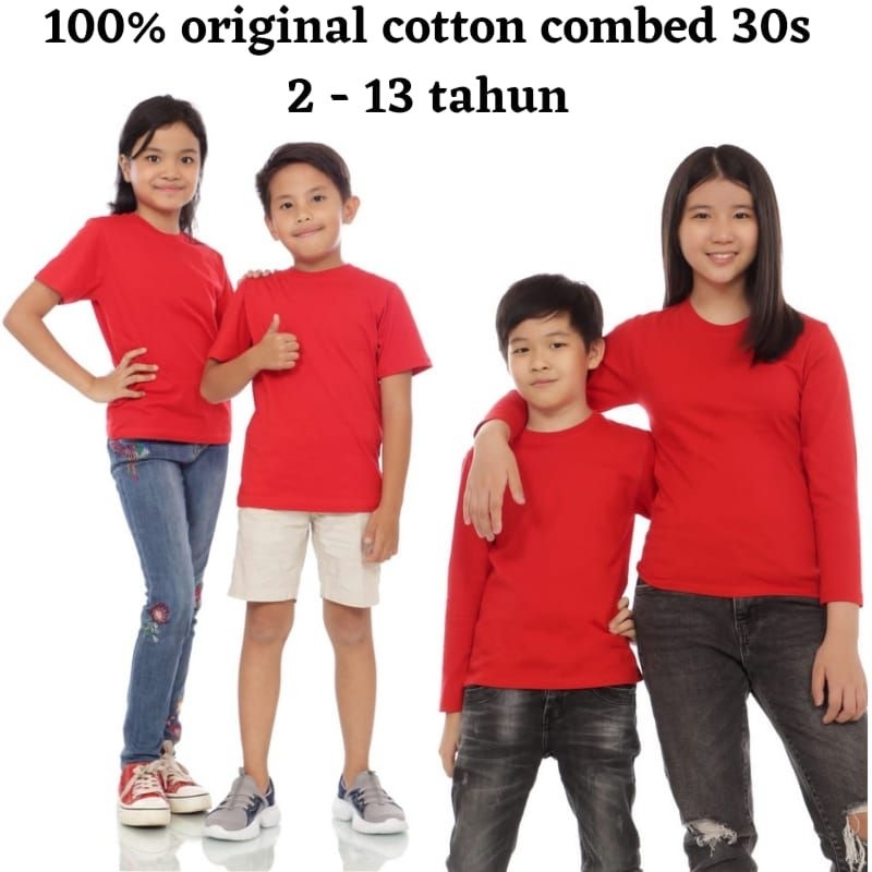 kaos anak polos cotton combed 30S lengan panjang dan lengan pendek original atasan anak warna merah 