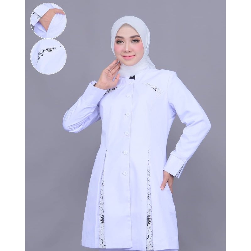 SERAGAM PERAWAT PUTIH PUTIH TUNIK WANITA KOMBINASI BATIK BELAH SETELAN ROK.A/ROK SPAN/CELANA PANJANG