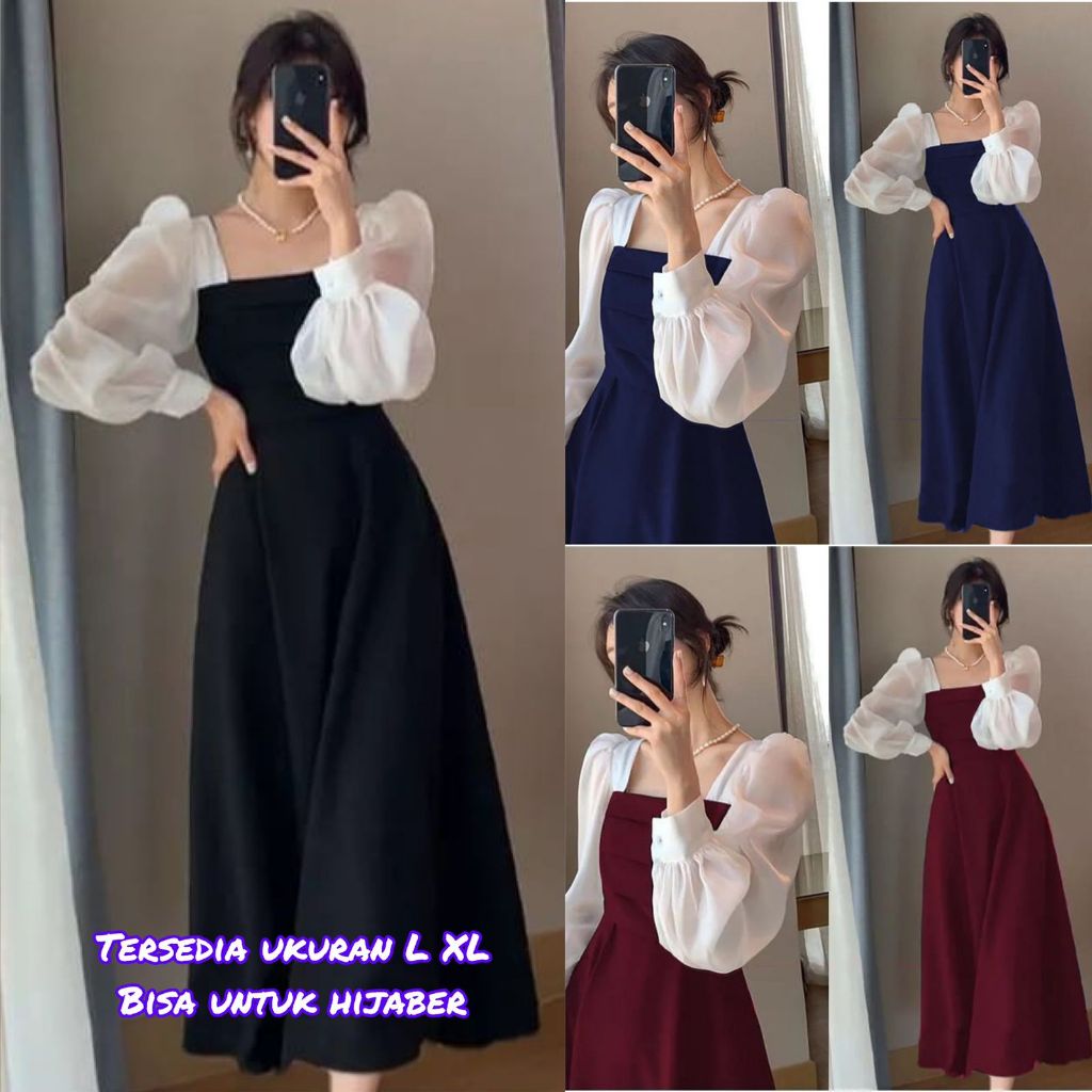 Dress Pesta Hitam Lengan Panjang Model Ceruty Hijab Friendly Korean Style Vintage Simple Elegant Mid