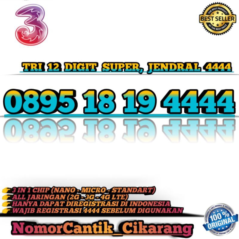 NOMOR CANTIK TRI 12 DIGIT SUPER / NOMOR CANTIK TRI KUARTED 4444