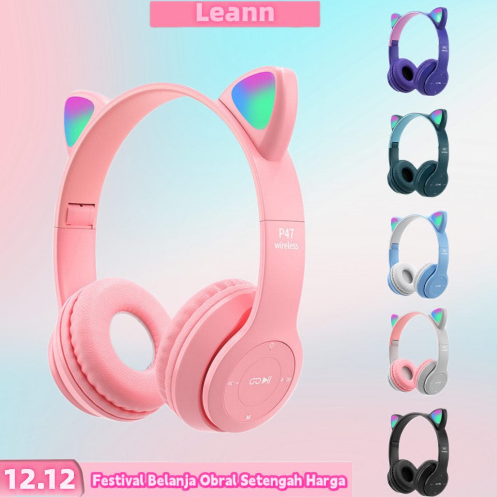 【Leann】Free shipping COD P47M Headphone Bluetooth Cat Ears Headset Bluetooth Gaming  Super Bass Stereo Wireless Bluetooth RGB Led Light Earphone wireless headphone with mic