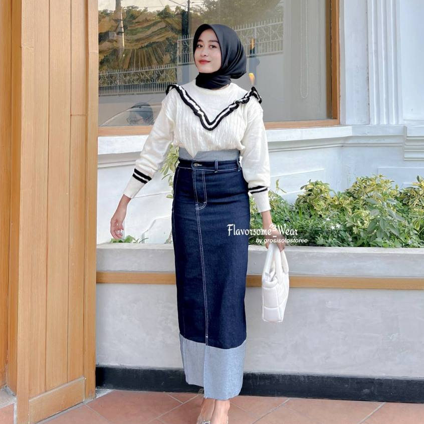 Two Tone Rok Skrit Jeans Highwaist Wanita Streach