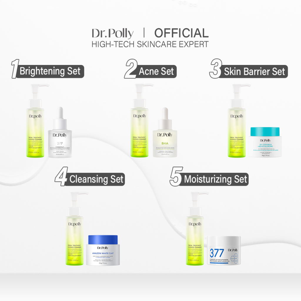 Dr.polly Facial Cleanser + 377 Brightening Serum/ 5X Ceramide/ Amazonian  Clay Mask / 2% Salicylic A