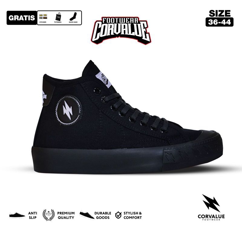 CORVALUE - Sepatu Sneakers Kasual Corvalue Footwear Pria Wanita Hayabusa High Full Black Original