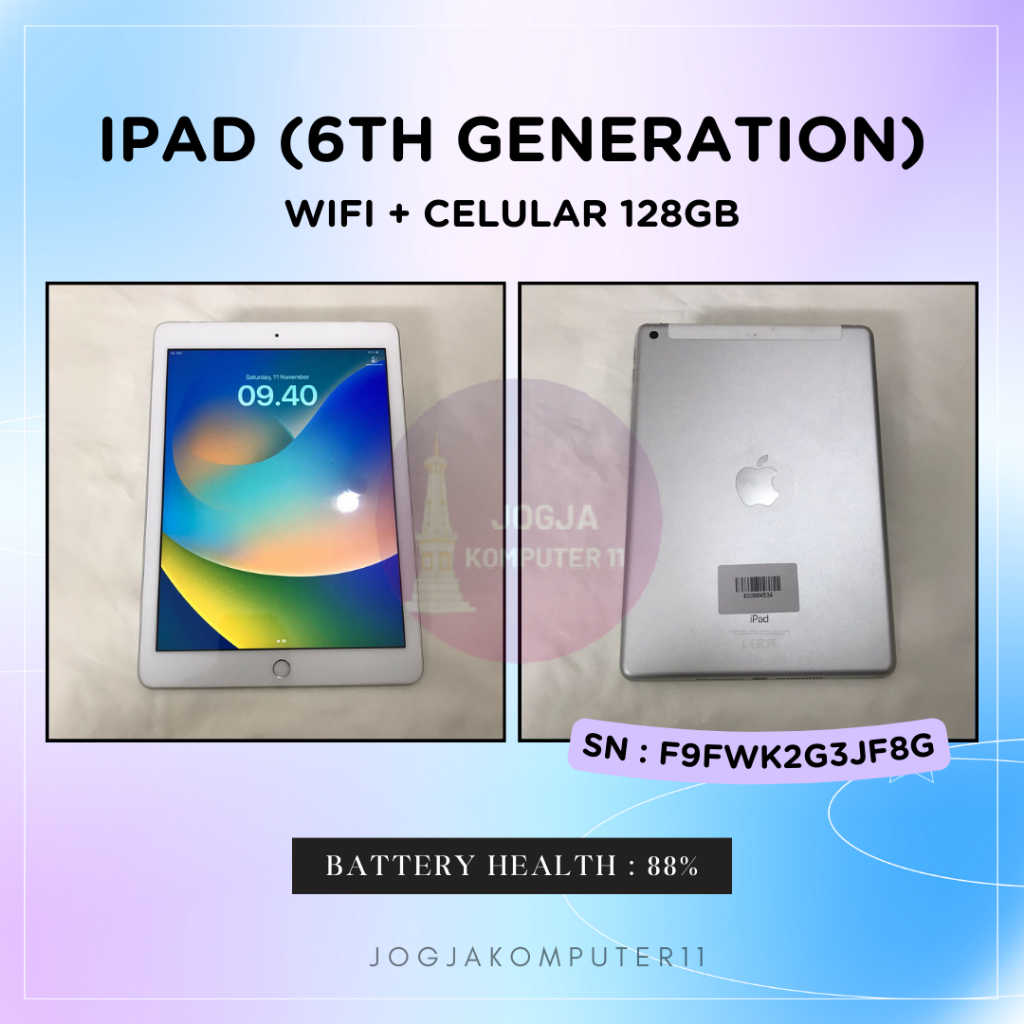 IPAD 6TH GEN 128GB SILVER SECOND WIFI CELLULAR UNIT ONLY BEKAS CASE DAN SCREEN GUARD BERBEKAS