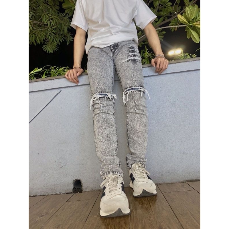 Celana Jeans Panjang Skinny Pria Abu Sanwash Sobek destroy | CELANA JEANS SOBEK PRIA | ABU RIPPED