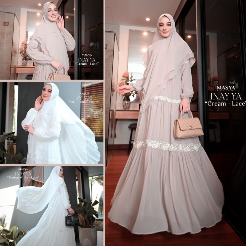 Set Gamis Dress Ceruty Babydoll Printing Premium Syari Branded Broken White - Coklat Susu - Cream La