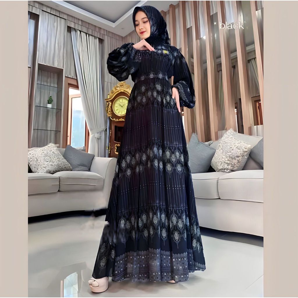 MAZAYA NEW DRESS CERUTY SET HIJAB - GAMIS CERUTY FULL FURING MOTIF NEW - GAMIS WANITA TERBARU
