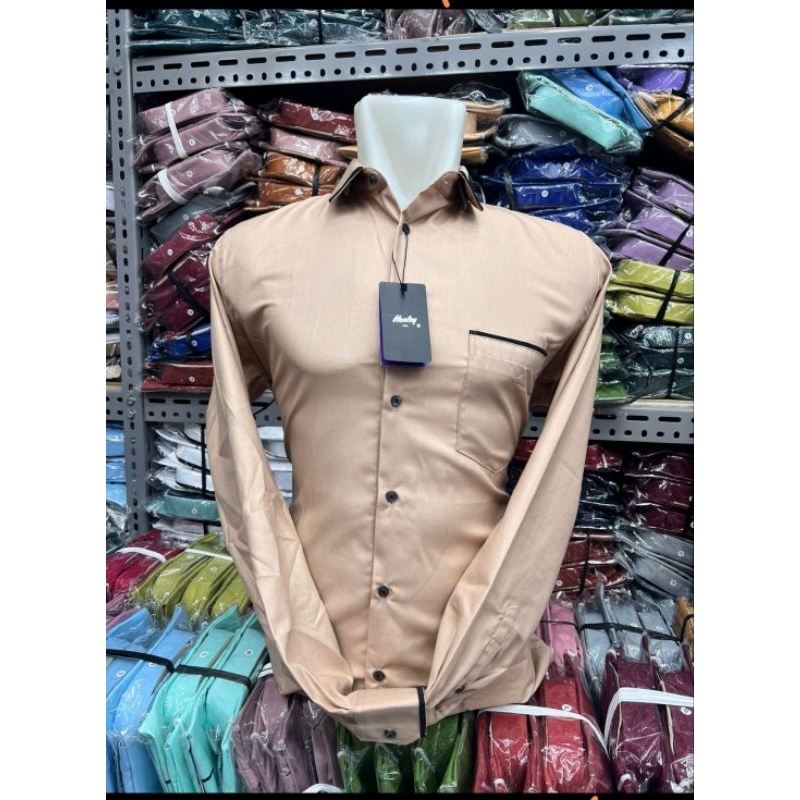 Harley Kemeja Pria Lengan Panjang Model Slimfit Warna Coksu-Hitam-Putih_Kemeja Polos List Bahan Katu