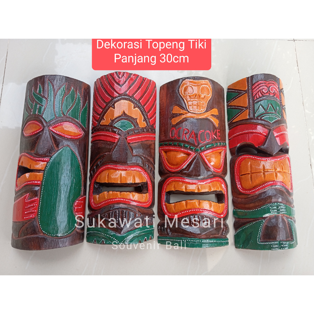 Dekorasi Hiasan Dinding Topeng Suku Tiki Warna 30cm Etnik Klasik Antik Kayu Handmade Bali