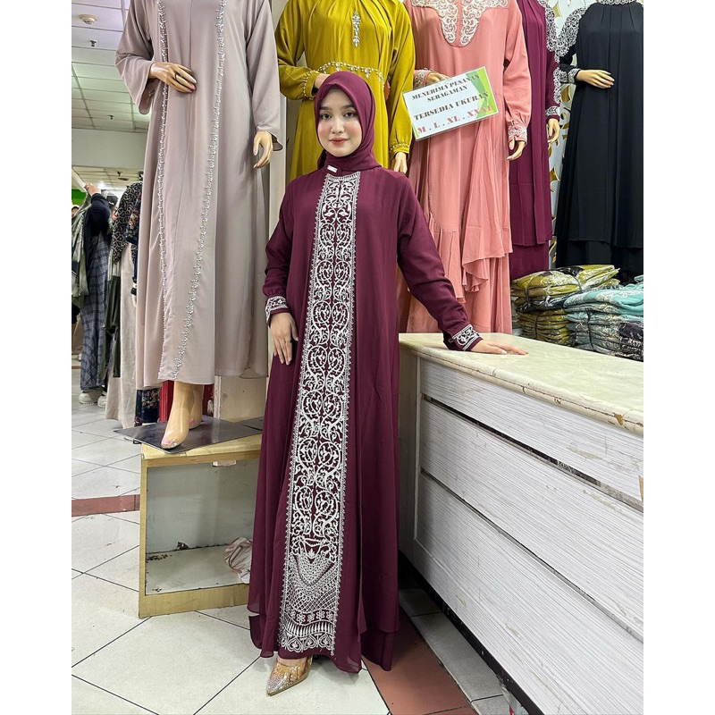 Maura dress hijab/gamis bordir set hijab/gamis bordir import premium