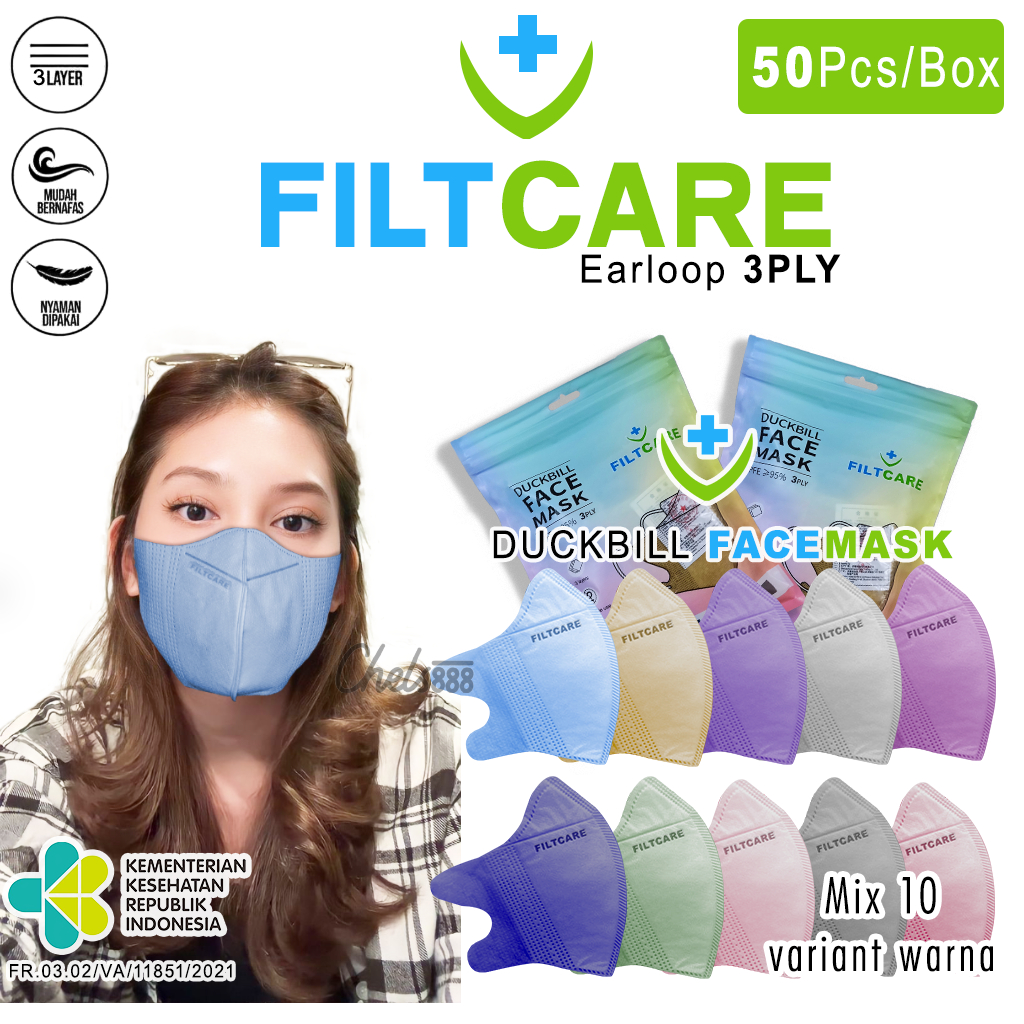 Masker Duckbill Filtcare 3ply Earloop 50 pcs Mix 10 Warna