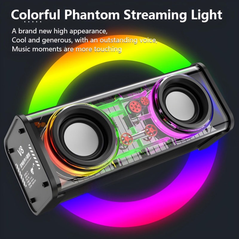 V8 10W Dual-Horn Transparent Mech Speaker Bluetooth Soundbar RGB LED Light 360° Stereo Surround Wireless Subwoofer Audio Sports Outdoor Audio 5.0 Speaker