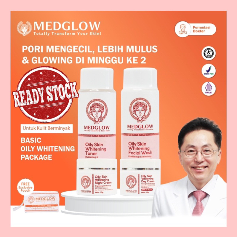 We Are Back MEDGLOW CLINIC Basic Brightening Oily Package + Bonus Tas Kulit | Paket Skincare Krim Pa