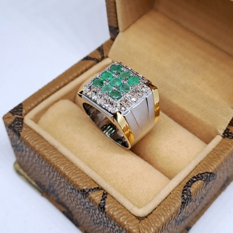 Cincin Perak Pria Jumbo Berlian Asli | Batu Zamrud Free memo