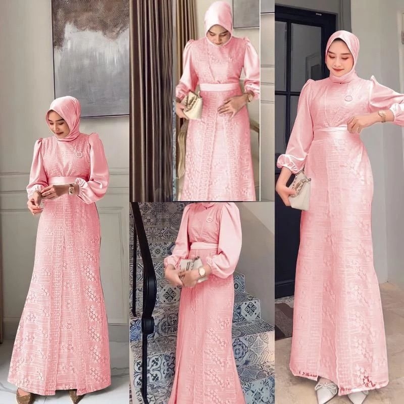 BAJU DRESS GAMIS SATIN BROKAT BRUKAT WANITA MUSLIM UMROH PREMIUM UKURAN S M L XL XXL XXXL 3XL JUMBO 