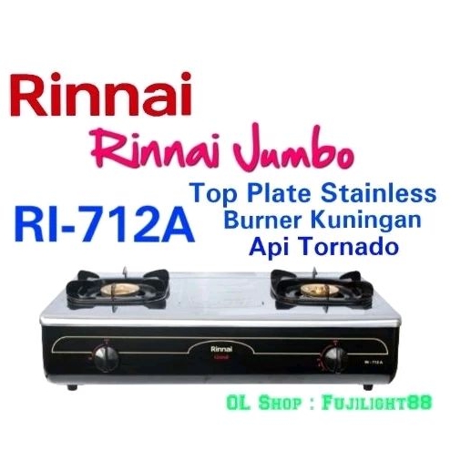 Kompor Gas Jumbo Rinnai RI-712A, 2 Tungku Jumbo Stainless, body Ceflon, burner Kuningan