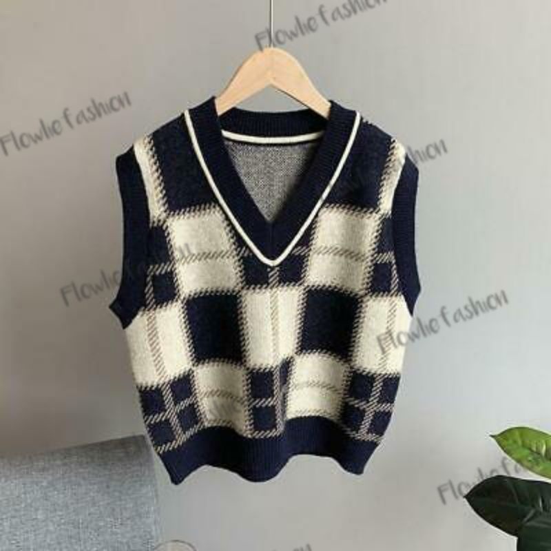 GOPLUS Rompi Vintage Kotak-kotak Sweater Rompi Wanita Korea V-neck Rajutan Tanpa Lengan