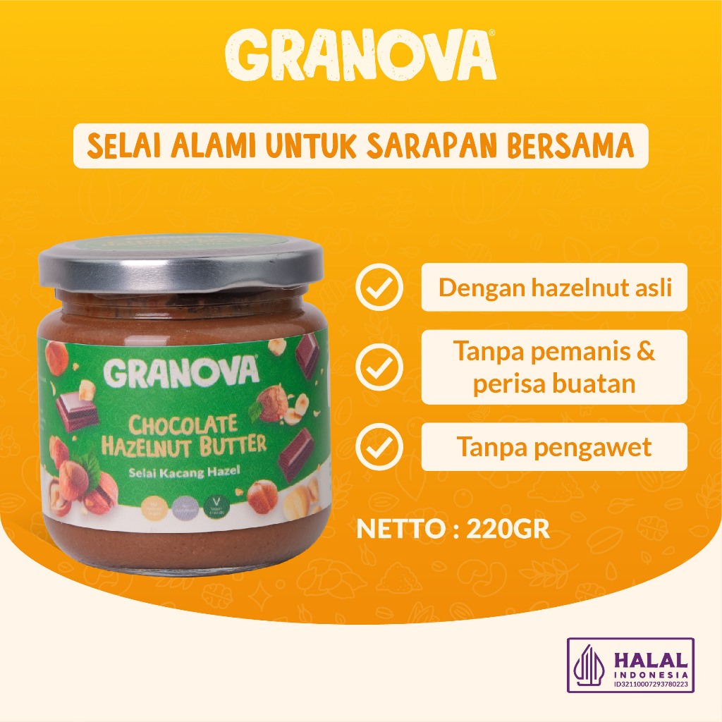 

Granova - Selai Kacang Hazelnut Coklat 220gr / Chocolate Hazelnut Butter (Vegan, Tanpa Gula Refinasi)