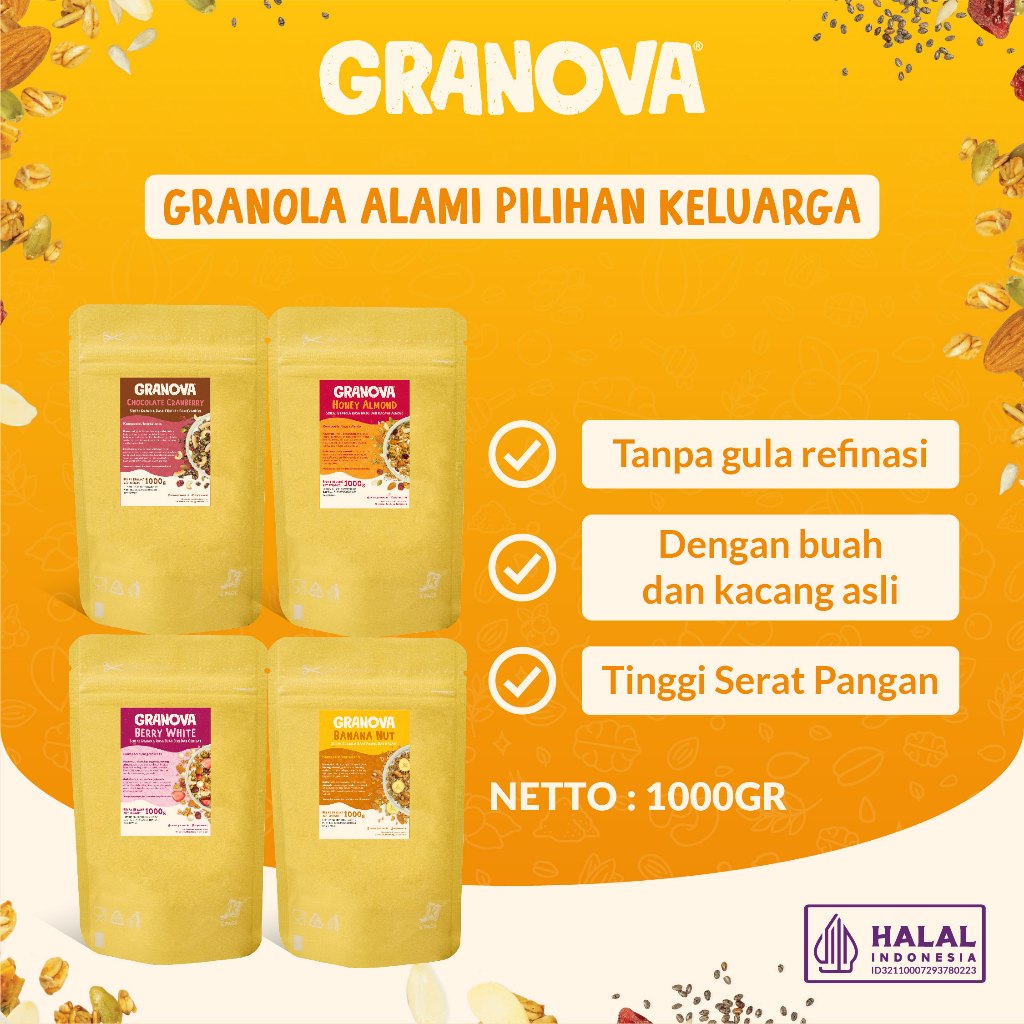 

Granova - Granola 1 kg x 1 pc (Honey Almond, Choco Cranberry, Berry White, Banana Walnut) - Sereal, Sarapan Sehat, Halal