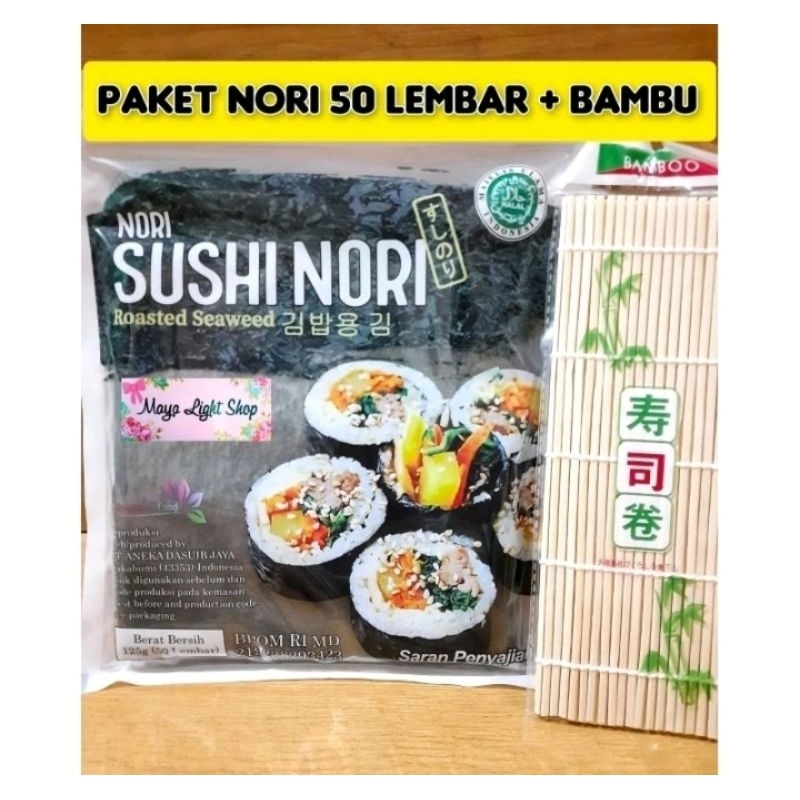 

Paket Nori Sushi 50 dan Bambu 1 Pc sushimat halal bahan sushi rumput laut makisu penggulung seaweed nori java sakao manjun tokinori murah