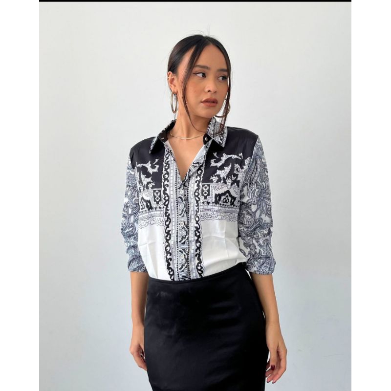 kemeja pattern silk wanita pink dose/baju satin silk/outer/kualitas premium/motif