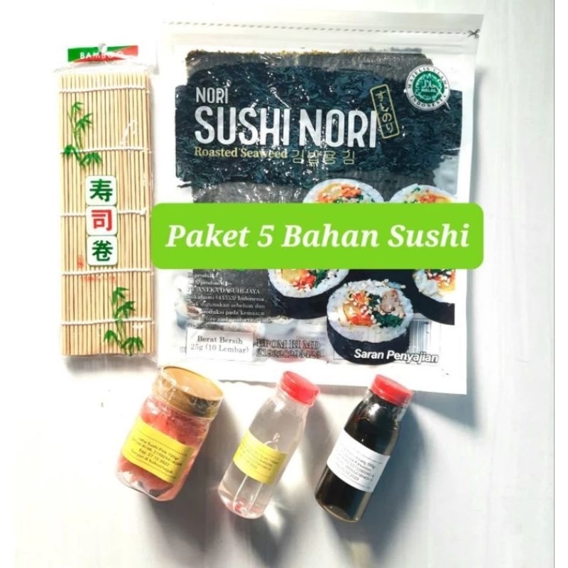 

Paket 5 bahan sushi isi nori bambu shoyu cuka jahe halal gari soy sauce vinegar