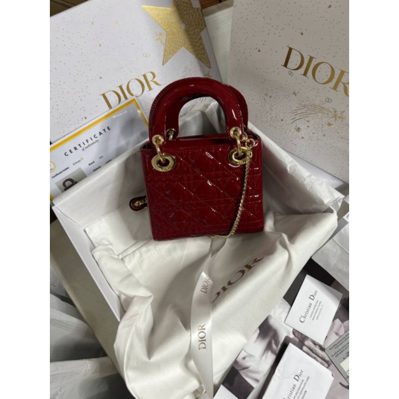 nego preloved rec 2022 christian dior Mini lady dior cherry red patent cannage calfskin bag authenti