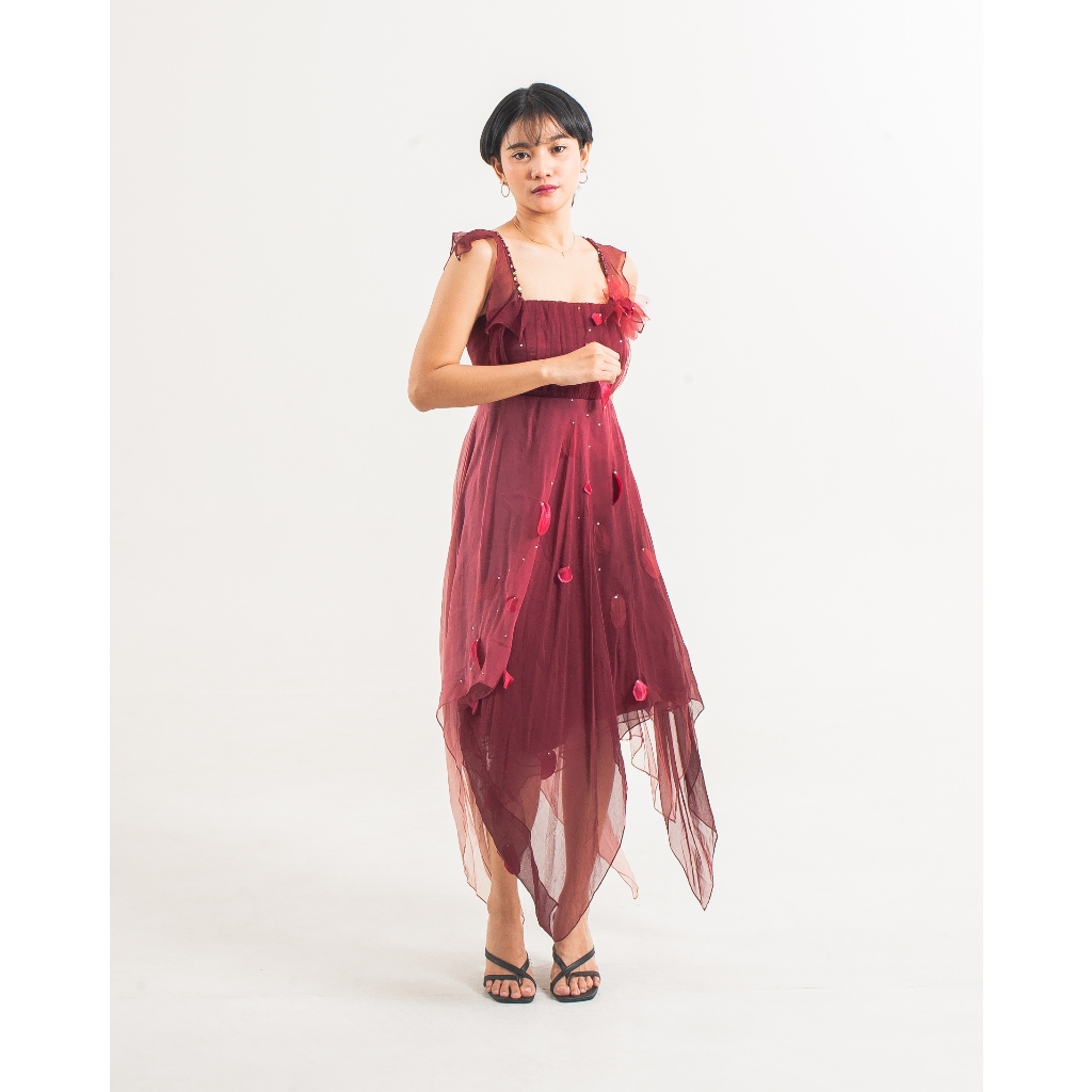 Gaun Pesta Party Dress Merah Maroon Wanita kondangan terbaru panjang