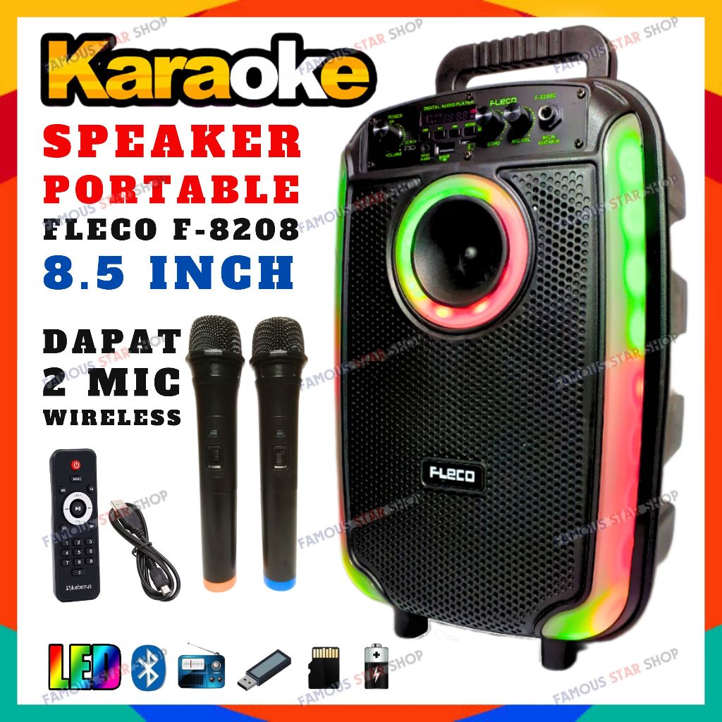 SPEAKER BLUETOOTH TIPE BARU FLECO F-8208C 8'5 INCH FREE 2 MIC WIRELESS KARAOKE + REMOTE - SPEAKER KA