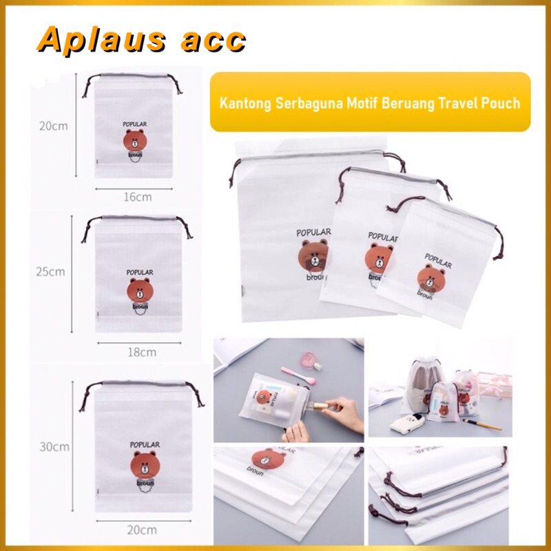 Travel Pouch Serut Motif Beruang Lucu Travel Pouch Organizer Transparan Serbaguna