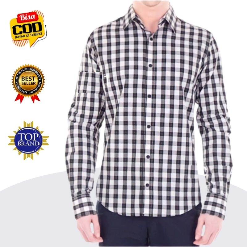 Aitentica Bju Kemeja Hem Pria Lengan Panjang Baju Cowok Kotak Kotak Kerja Dewasa Remaja Kuliah Casua
