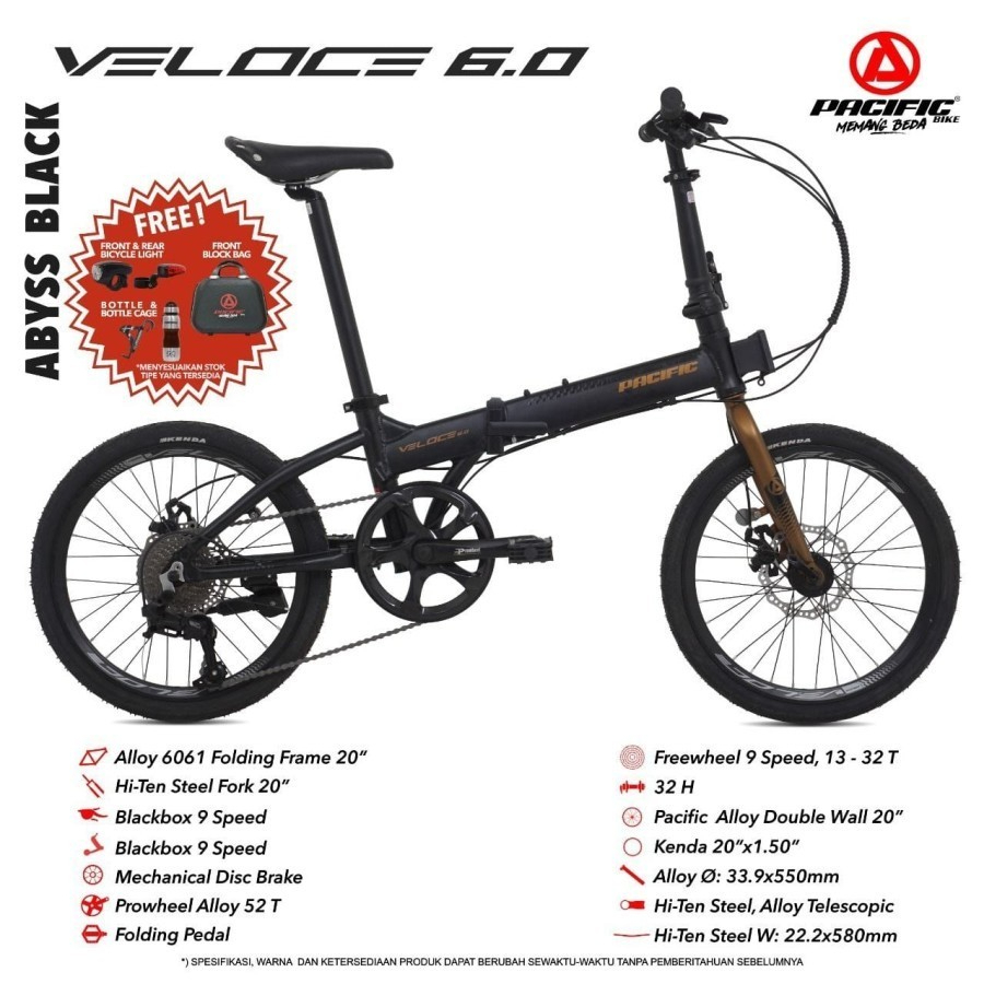 Sepeda lipat 20 inch pacific frame alloy veloce 6.0 dewasa 9 speed rem cakram bonus tas depan dan ak