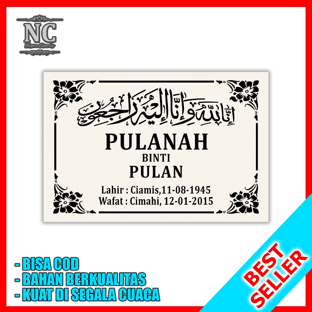 BATU NISAN GRANIT SATU HARI JADI Penghias Makam Motif Bunga Warna Cream Ukuran 20x30 cm