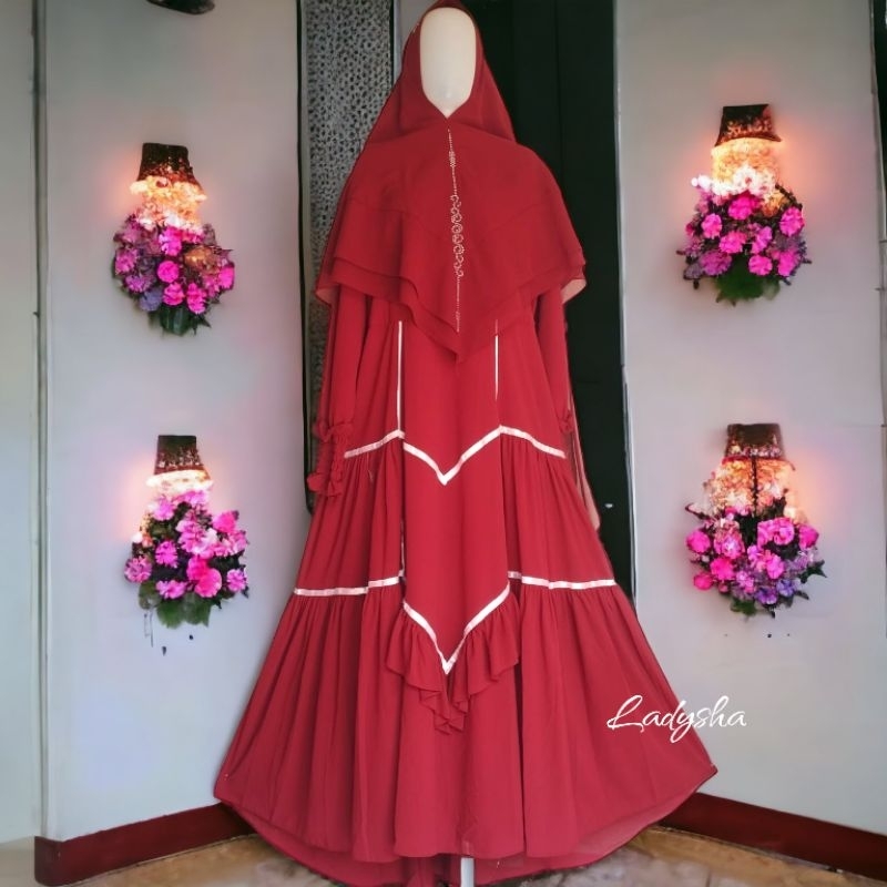 Set Gamis Al-Burdah Syari khimar Ceruty Babydoll Armany Premium Merah Marun