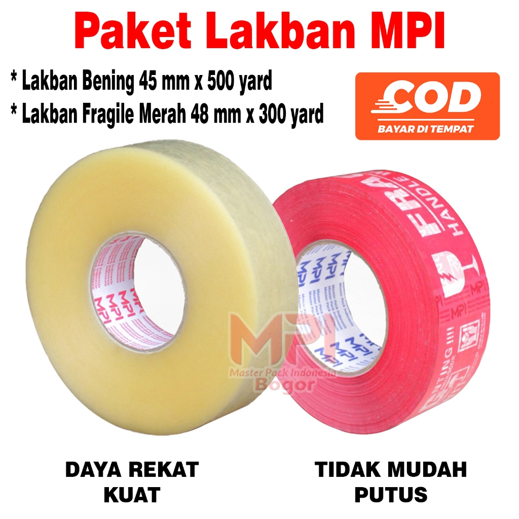 Paket Lakban Bening JUMBO MPI 45 mm x 500 yard + Lakban Fragile 48 mm x 300 yard - Master Pack Indon