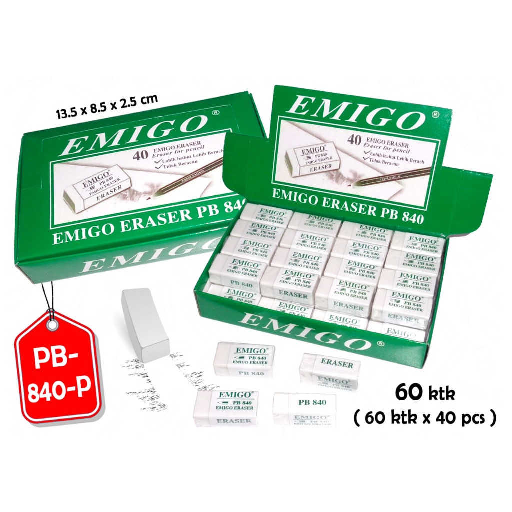 

1 BOX / 40 Pcs Penghapus Eraser Emigo PB 840 ( Putih )